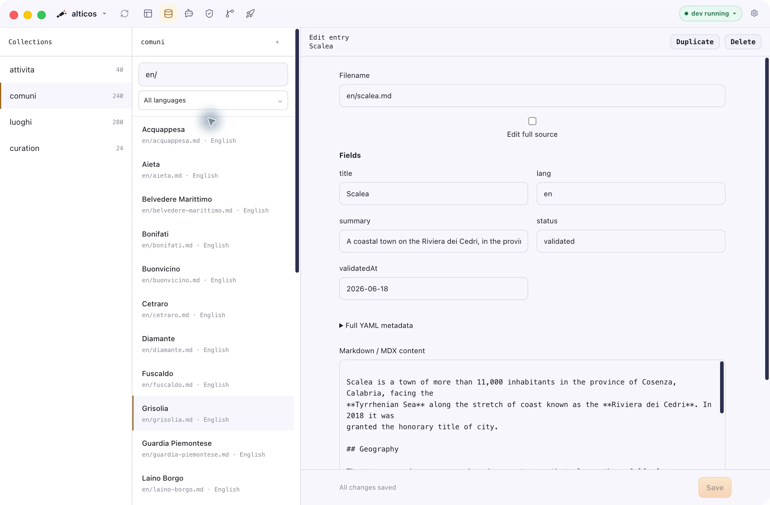 Astrology Content workspace showing collections, English entries and Scalea metadata with Markdown content