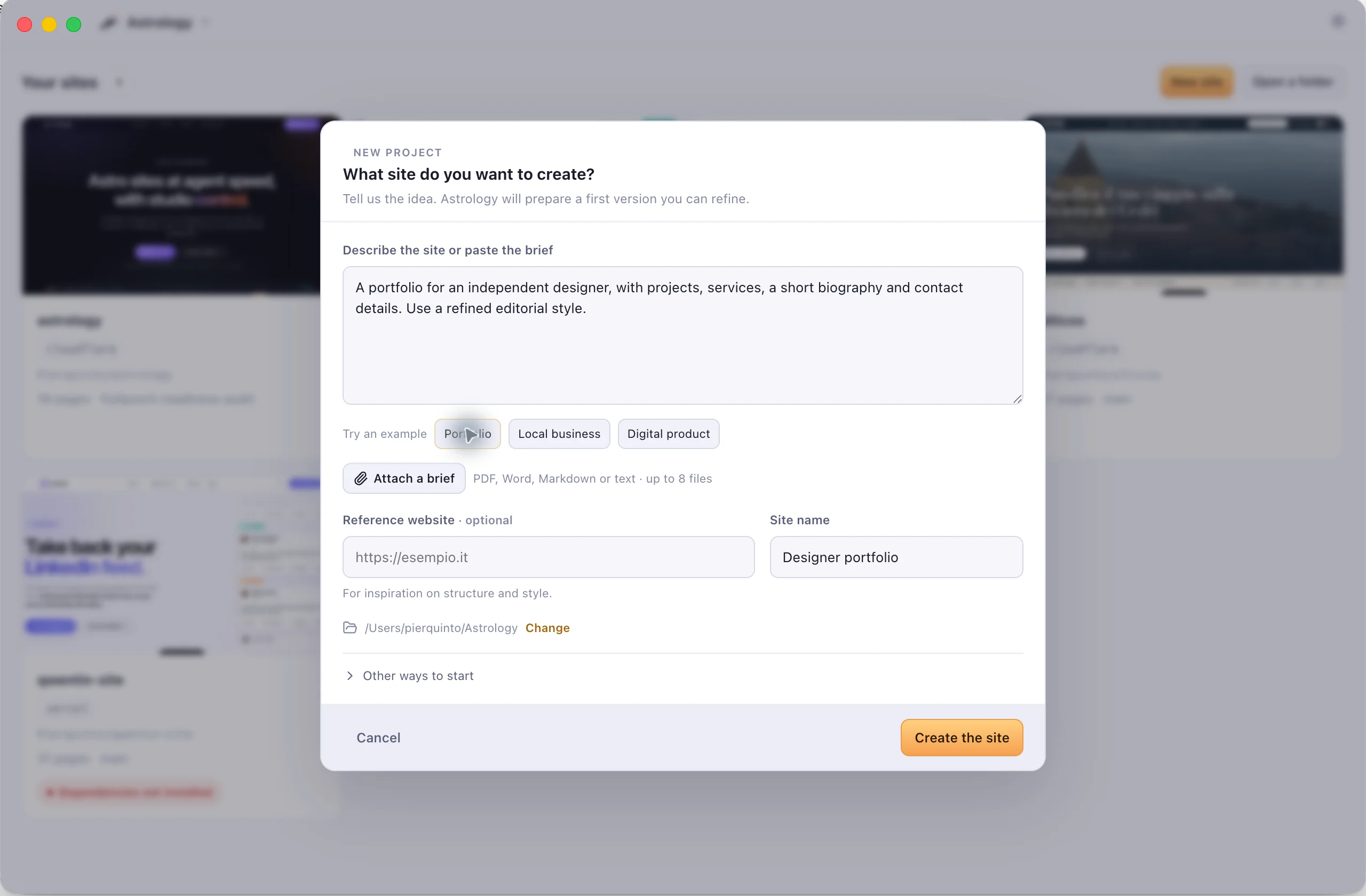 The new project dialog with an example portfolio brief and controls for attachments and a reference website