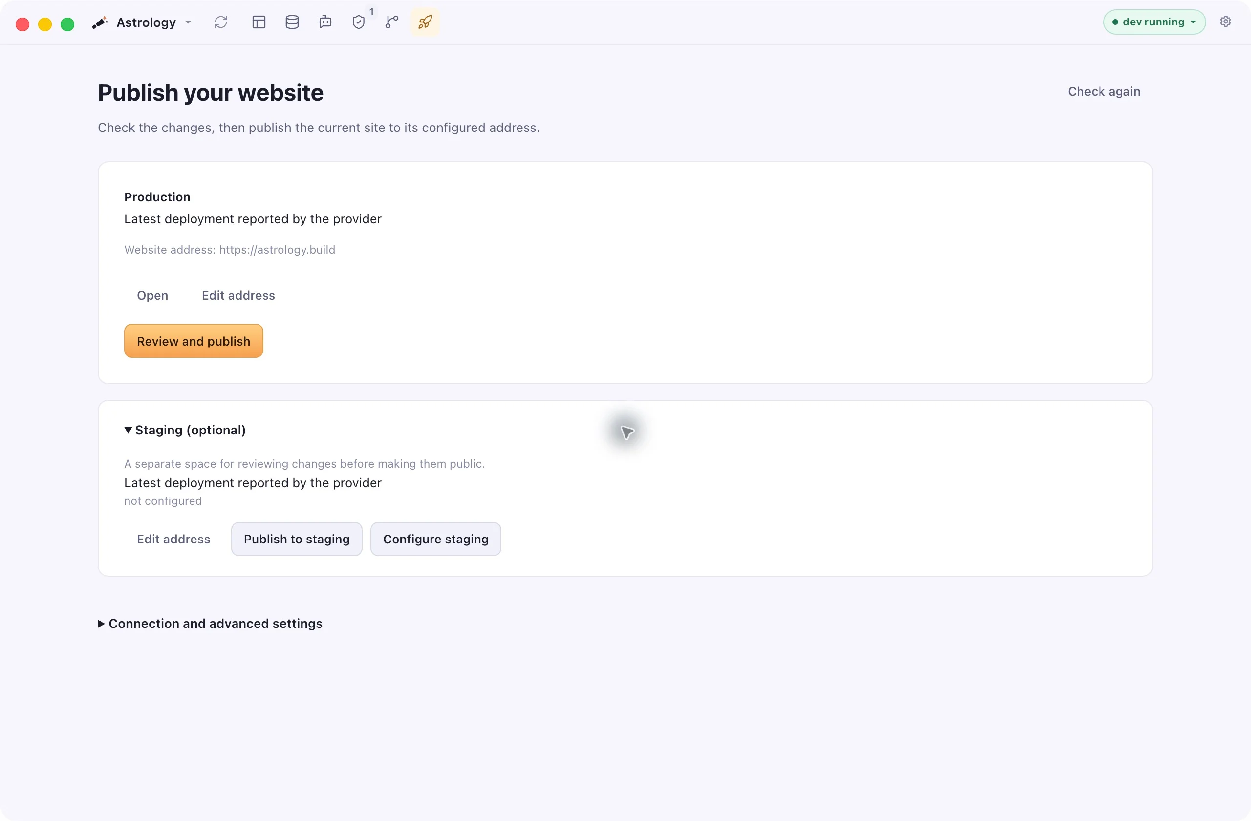Astrology Publish workspace with the production website address, review action and optional staging configuration