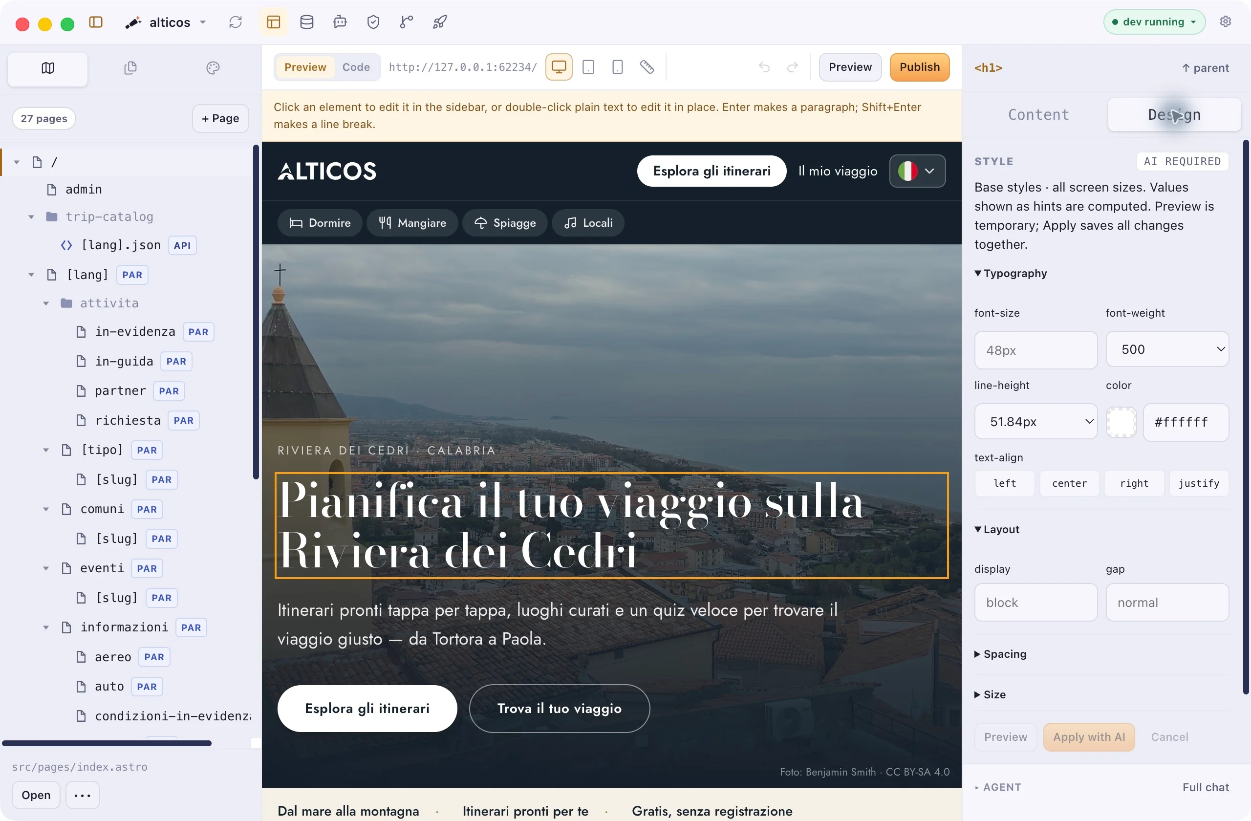 Astrology editing an ALTICOS headline with the page tree and design controls beside the preview